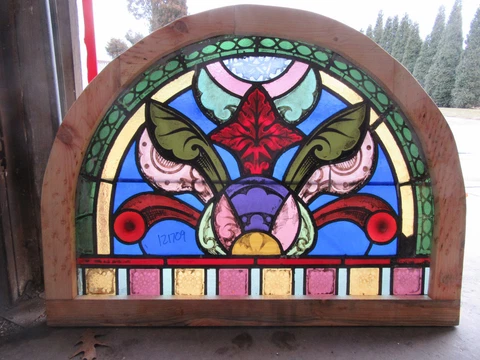 ANTIQUE STAINED GLASS WINDOW PAINTED KILN FIRED 38 X 28 ~ ARCHITECTURAL SALVAGE Cover