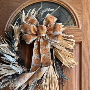 Fall Pumpkins Wreath Bow - 10"x18", Orange, Beige, Tan, Harvest Theme Decor - Picture 1 of 5