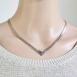 Vintage Sterling Silver Cubic Zirconia Collar Necklace V-Shape Herringbone Chain - Picture 1 of 5