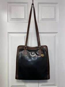 Brahmin Leather Satchel/Shoulder Bag w/ Brown Trim Black Body Brahmin Charm - Picture 1 of 21