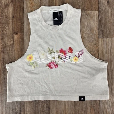 Regata Adidas Feminina 2XS Off-White Bege Floral Logotipo Crop Gráfica Atlética - Imagem 1 de 4