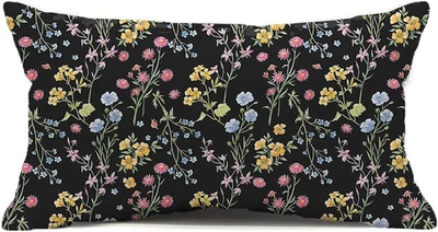 Funda de almohada lumbar negra floral de verano 12x20 pulgadas, acuarela colorida Wildflow Foto 1 de 4