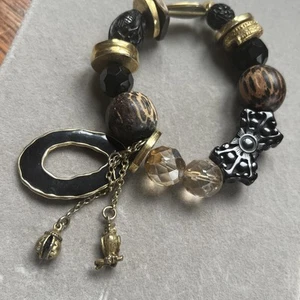 Stunning Pilgrim Stretch Owl Dangle Charm Bracelet Bangle Gold Tone Wood Resin - Picture 1 of 12