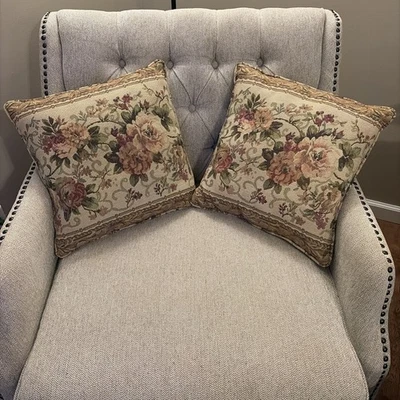 Vintage Floral French Tapestry Throw Pillows Cottagecore Antique Rose 15x15 - Image 1 of 4