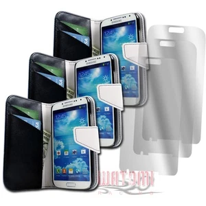3X WALLET CASE COVER+SCREEN PROTECTOR FLIP PU LEATHER BLACK GALAXY S IV S4 I9500 - Picture 1 of 2
