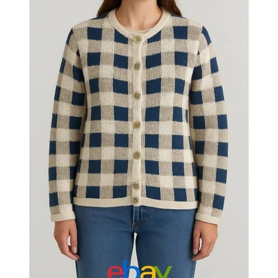 Cárdigan Suéter Vintage Eddie Bauer Lino Algodón Cuadros XS Pequeño Azul Crema Foto 1 de 4