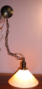 Vintage, Art deco style, brass/steel, ceiling light pendant w/milk glass shade. - Picture 1 of 17