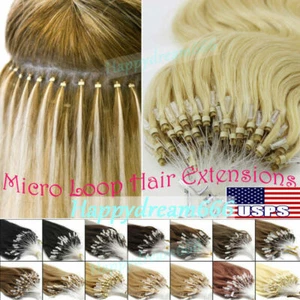 Micro Ring Loop Tip Remy Human Hair Extensions Silky Straight Micro Bead Link US - Picture 1 of 84