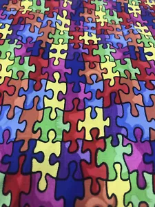 Puzzle Fabric Jigsaw Autism Awareness Almost 1 Y Cotton Quilt F39 - Picture 1 of 4