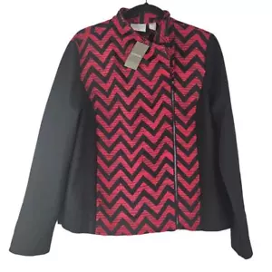 NEW Chico's 2 Moto Jacket Black Red Jacquard Chevron Career Classic Full Zip - Picture 1 of 5