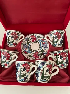 6x Handmade Turkish Ceramic Coffee Cups And Saucers Set, Boho Expresso Cups - Picture 1 of 7