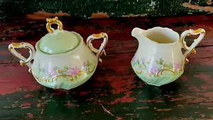 ANT SUGAR BOWL CREAMER BAVARIAN GERMANY SHANK DELORE GOLD TRIM PK ROSES/MINT GRN - Picture 1 of 8