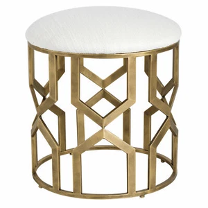 Luxe Gold Metal Lattice Round Drum Stool Geometric Modern White Cushion Open - Picture 1 of 4