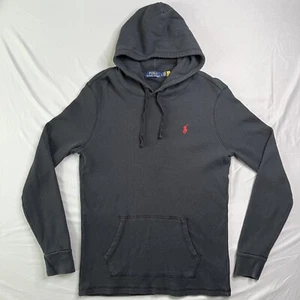 Polo Ralph Lauren Mens Large Black Waffle Knit Pullover Hoodie Slim Fit Pony Red - Picture 1 of 18