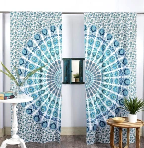 Indian Bohemian Peacock Mandala Window Curtain Panels, White Blue 38" x 83" - Picture 1 of 2