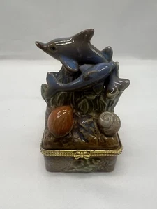 DOLPHINS Trinket Box By Herco Porcelain Collectible Trinket Gold Tone Trimmed - Picture 1 of 6