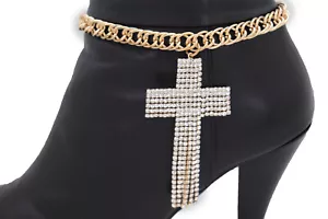 Women Gold Metal Chain Boot Bracelet Shoe Dangle Cutout Big Cross Charm Western - Picture 1 of 12