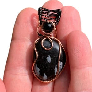 Snowflake Obsidian & Black Onyx Copper Friend Gift Wire Wrap Protection Pendant - Picture 1 of 10