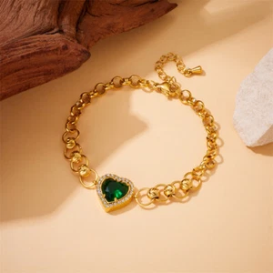Woman 18K Gold Plated Stainless Steel Heart Green CZ Charm Bracelet Bangle - Picture 1 of 8