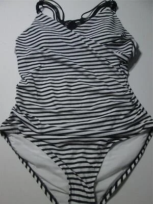 Traje de baño Kona Sol para mujer talla XL de una pieza blanco/negro a rayas forrado espalda cruzada Foto 1 de 4