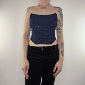 Y2K vintage sparkly denim top corset boned rhinestone strapless - Picture 1 of 6