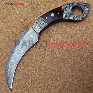 12" Hand Forged Damascus Steel Hunting Fixed Blade Karambit Knife Wood Handle - Picture 1 of 1