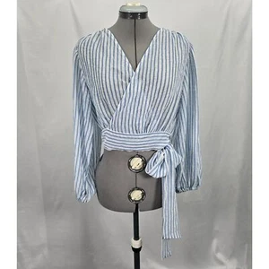 Banana Republic Blue & White Stripe Sheer Wrap V-neck Top Blouse Puff Sleeve MED - Picture 1 of 7