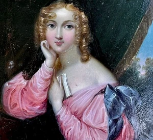 FABULOUS MINIATURE PORTRAIT ON WOOD SPLENDID LADY WITH BOOK 18TH - Picture 1 of 9