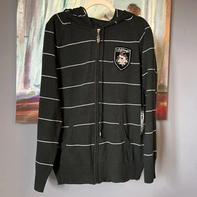 Cárdigan Suéter ED HARDY XL Capucha Mezcla Lana Cremallera Tejido Negro Gris LOVEKILLS SLOW Foto 1 de 4