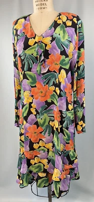 Vestido Vintage TALLA GRANDE 14 Floral Volantes Rayón CAROLE LITTLE AÑOS 90 Y2K Aleta Foto 1 de 4