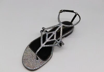 NEW Sergio Rossi Donna Scarpe Glitter Silver Flat Thong Sandal US 8.5  EU 38.5 - Image 1 of 4