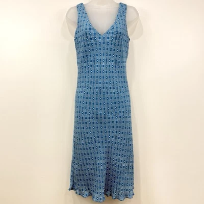 VTG Y2K Jones NY Silk Dress Women's 8 Blue Geometric Retro 70's Style V Neck - Image 1 of 4