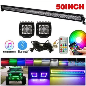 50'' RGB Light Bar + 2pcs LED Work Lights Chasing Halo Ring Combo Kit For Truck - Picture 1 of 12