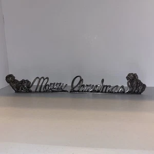 Metzke Pewter Vintage 2 Piece Merry Christmas Dogs Pulling Ribbon for Mantle - Picture 1 of 11