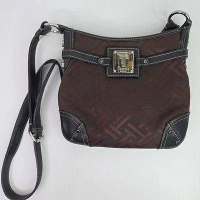 Bolso de Hombro Tignanello Cartera Pequeño Cuero Negro Borde Marrón Logo Patrón Foto 1 de 4