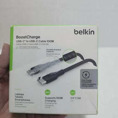 Belkin BoostCharge Braided 100W USB-C to USB-C Cable 10FT/3m - Black Sealed - Image 1 of 4