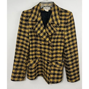 Blazer vintage pied de poule giallo nero doppiopetto Deja Vu piccolo tweed anni 80 Francia - Foto 1 di 10