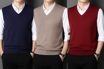 Chaleco tejido cuello en V para hombre suéter informal cálido liso Foto 1 de 4