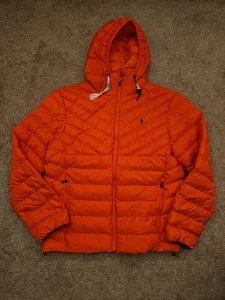 Polo Ralph Lauren Mens Orange Packable Puffer Hoodie Jacket Water Repellent Sz M - Picture 1 of 5