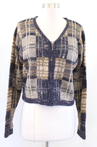 Vtg 90s Y2k Patchwork Plaid Knit Zip Front Cropped Cardigan Sweater Size L  - Picture 1 of 7