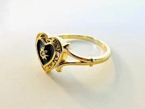 Gold Tone Ring with with Black Heart and Diamond Style Gem Stones Size 10 - Picture 1 of 14