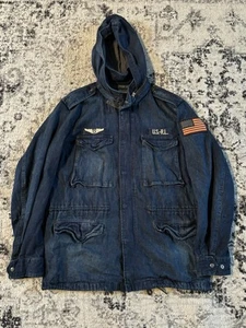 Polo Ralph Lauren Patch Field Military USA Flag Hooded Denim Jacket Men's Size L - Bild 1 von 10
