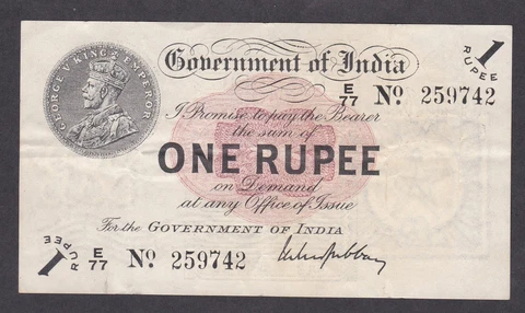 [VF Crisp] 1917 India 1 Rupee P-1g E/77-259742 No Tears or Holes  [003-2] Cover