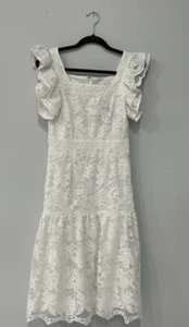 Nuevo con etiquetas Vestido INA Blanco Volantes/Mangas Cortas Cuello Redondo Midi Encaje Cintura Caída Talla Pequeña - Imagen 1 de 15