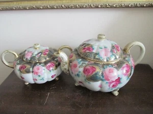 Nippon Porcelain Handpainted Moriage Dark Green Roses Gold Teapot & Sugar Bowl - Picture 1 of 12