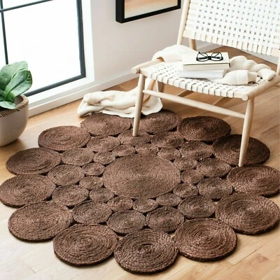 Jute Natural Modern Rug Scalloped Brown Home decor Round Braided Rug Carpet Mat - Image 1 of 4