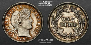 1894-P  10C  BARBER SILVER DIME PHILADELPHIA MINT NGC MS63 #6931539-004 - Picture 1 of 7