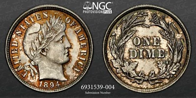 1894-P  10C  BARBER SILVER DIME PHILADELPHIA MINT NGC MS63 #6931539-004 - Image 1 of 4