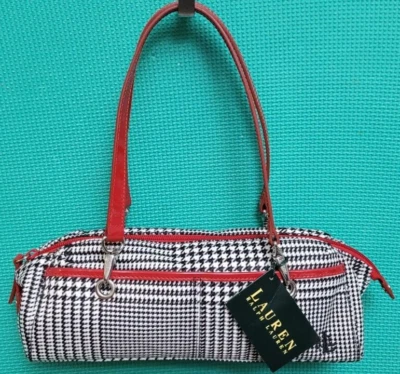 Ralph Lauren Black White Houndstooth Barrel Baguette Shoulder Bag 11x5x3.5" - Image 1 of 4