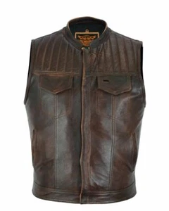 Men's Motorcycle Premium Naked Leather Club Vest Distress Brown with Pockets - Bild 1 von 6